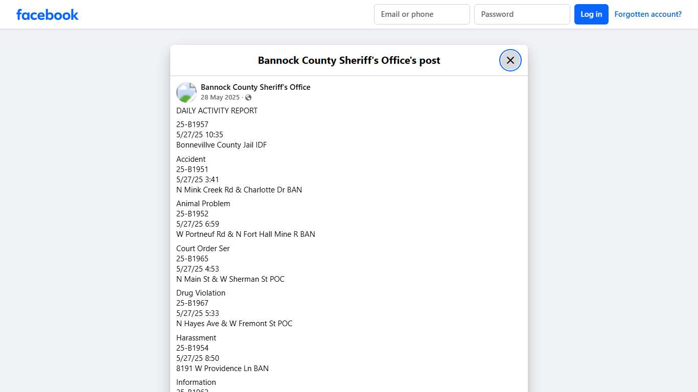 DAILY ACTIVITY REPORT... - Bannock County Sheriff's Office | Facebook