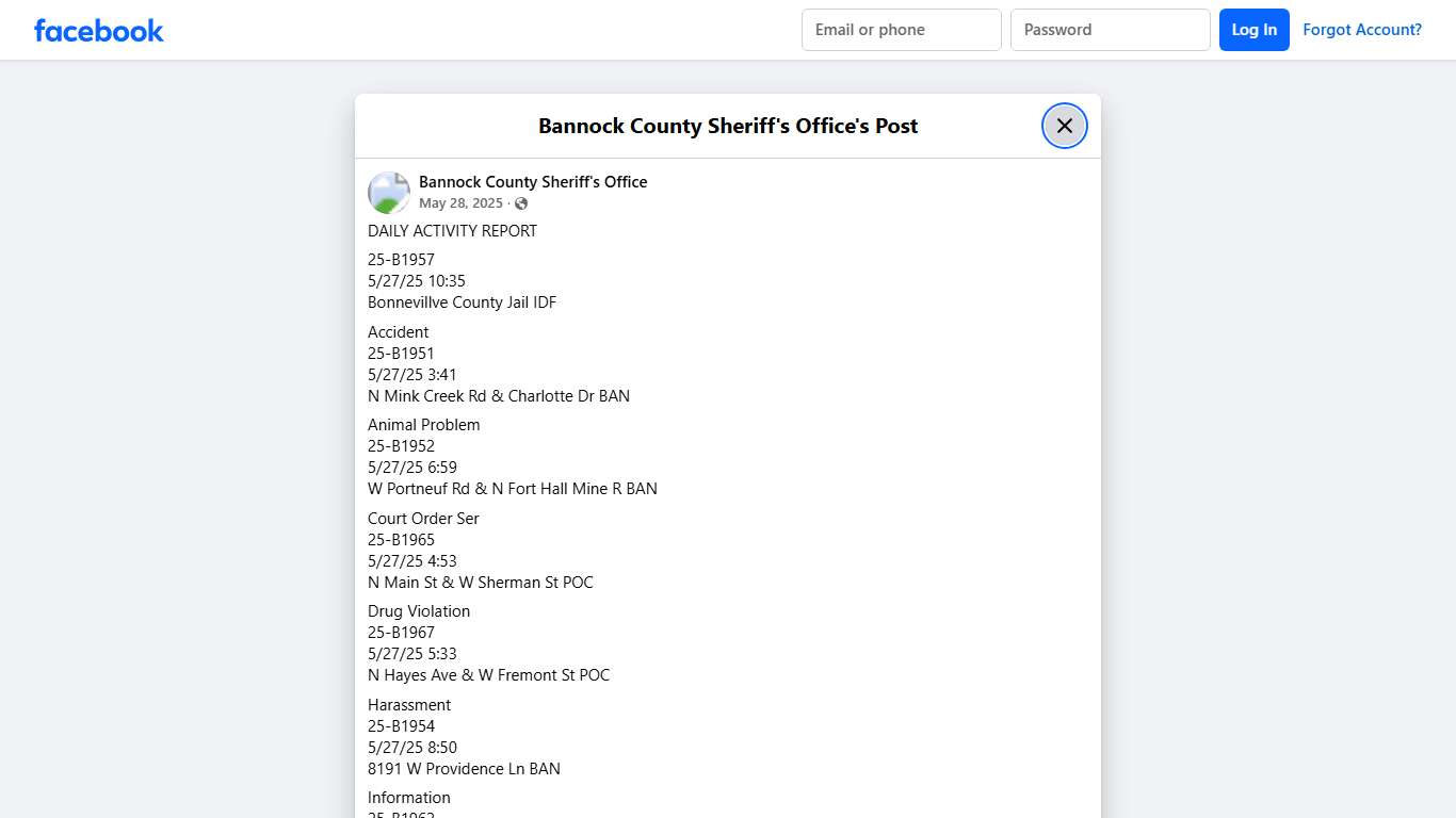DAILY ACTIVITY REPORT... - Bannock County Sheriff's Office | Facebook